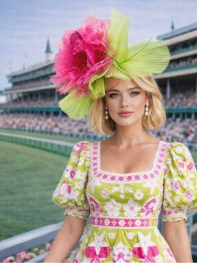 KY Derby Oaks Ascot Hat Pink & Green Floral Fascinator | Statement Headpiece